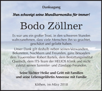 Traueranzeige von Bodo Zöllner von Mitteldeutsche Zeitung Köthen