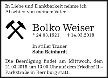 Traueranzeige von Bolko Weiser von Mitteldeutsche Zeitung Bernburg
