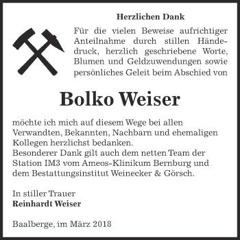 Traueranzeige von Bolko Weiser von Super Sonntag Bernburg