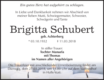 Traueranzeige von Brigitta Schubert von Mitteldeutsche Zeitung Halle/Saalkreis