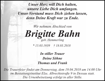 Traueranzeige von Brigitte Bahn von WVG - Wochenspiegel Dessau / Köthen