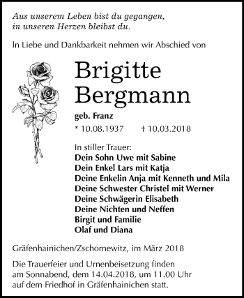 Traueranzeige von Brigitte Bergmann von Mitteldeutsche Zeitung