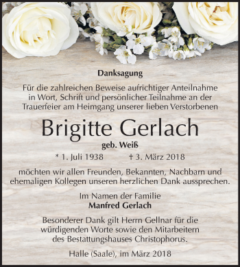 Traueranzeige von Brigitte Gerlach von Mitteldeutsche Zeitung Halle/Saalkreis