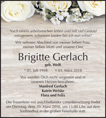 Traueranzeige von Brigitte Gerlach von Mitteldeutsche Zeitung Halle/Saalkreis