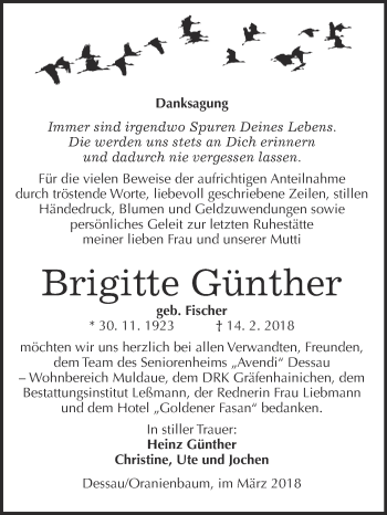 Traueranzeige von Brigitte Günther von WVG - Wochenspiegel Wittenberg