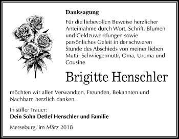 Traueranzeige von Brigitte Henschler von Mitteldeutsche Zeitung Merseburg/Querfurt