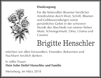 Traueranzeige von Brigitte Henschler von Super Sonntag Merseburg