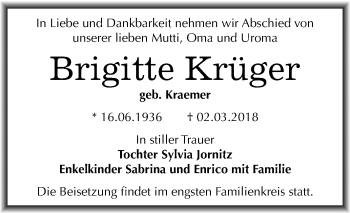 Traueranzeige von Brigitte Krüger von Mitteldeutsche Zeitung Halle/Saalkreis