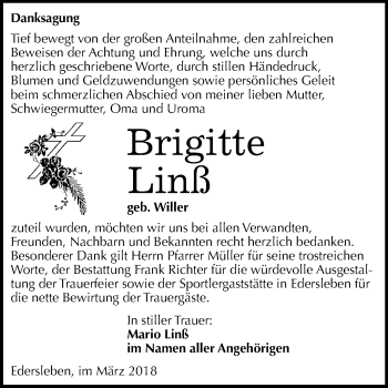 Traueranzeige von Brigitte Linß von Mitteldeutsche Zeitung Sangerhausen