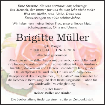 Traueranzeige von Brigitte Müller von WVG - Wochenspiegel Bitterfeld