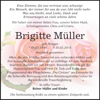Traueranzeige von Brigitte Müller von Mitteldeutsche Zeitung Bitterfeld