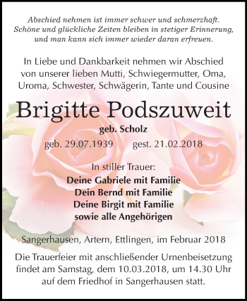 Traueranzeige von Brigitte Podszuweit von Mitteldeutsche Zeitung Sangerhausen