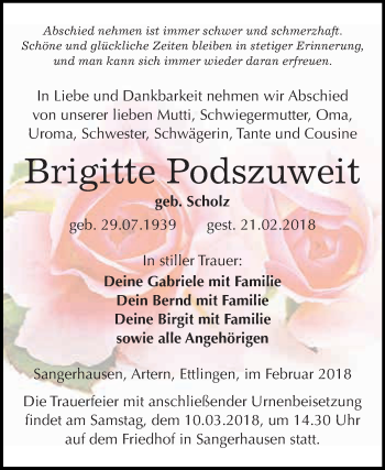 Traueranzeige von Brigitte Podszuweit von Super Sonntag SGH Mansf. Land