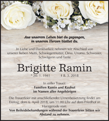 Traueranzeige von Brigitte Ramin von Mitteldeutsche Zeitung