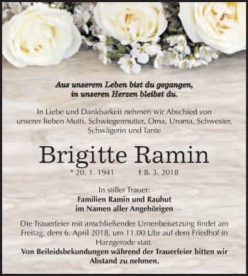 Traueranzeige von Brigitte Ramin von WVG - Wochenspiegel Quedlinburg