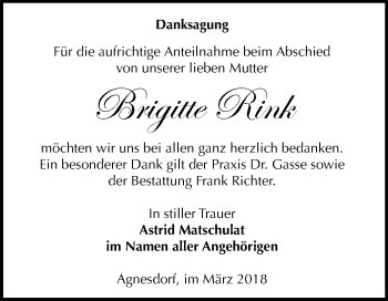 Traueranzeige von Brigitte Rink von Mitteldeutsche Zeitung Sangerhausen