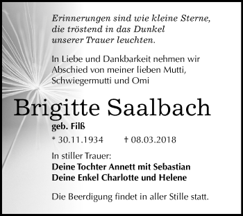 Traueranzeige von Brigitte Saalbach von Mitteldeutsche Zeitung Halle/Saalkreis