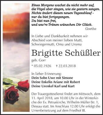 Traueranzeige von Brigitte Schüßler von WVG - Wochenspiegel Dessau / Köthen