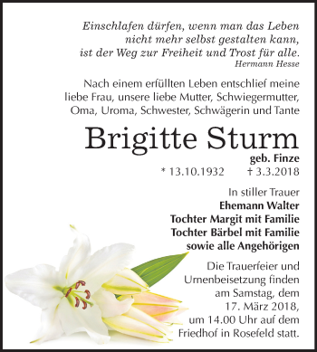 Traueranzeige von Brigitte Sturm von Mitteldeutsche Zeitung Köthen
