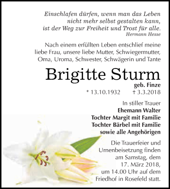 Traueranzeige von Brigitte Sturm von WVG - Wochenspiegel Dessau / Köthen