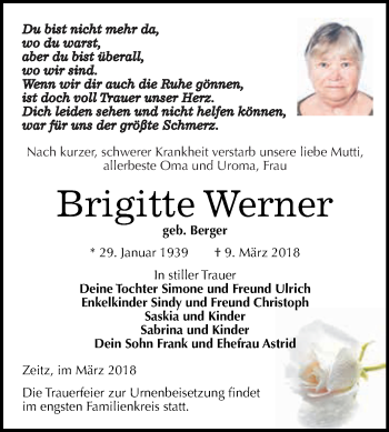 Traueranzeige von Brigitte Werner von Super Sonntag Zeitz