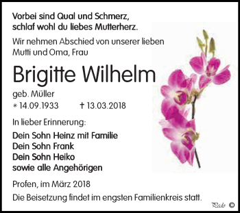 Traueranzeige von Brigitte Wilhelm von Super Sonntag Zeitz