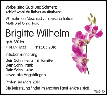 Traueranzeige von Brigitte Wilhelm von Mitteldeutsche Zeitung Zeitz