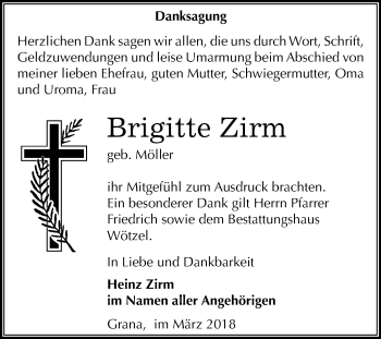 Traueranzeige von Brigitte Zirm von Mitteldeutsche Zeitung Zeitz