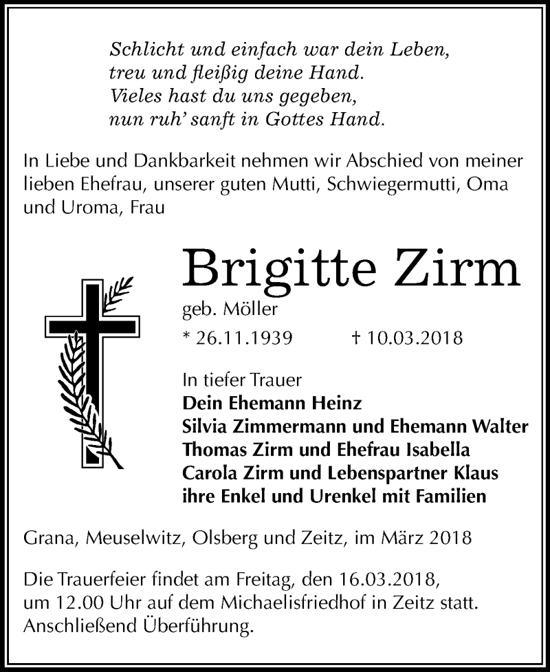  Traueranzeige für Brigitte Zirm vom 14.03.2018 aus Mitteldeutsche Zeitung Zeitz