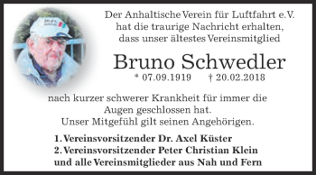 Traueranzeige von Bruno Schwedler von Super Sonntag Dessau / Köthen