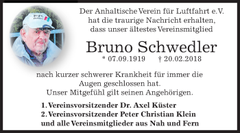 Traueranzeige von Bruno Schwedler von Mitteldeutsche Zeitung Dessau-Roßlau