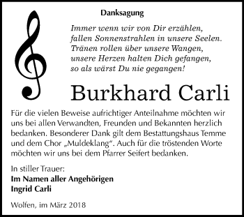 Traueranzeige von Burkhard Carli von Mitteldeutsche Zeitung Bitterfeld