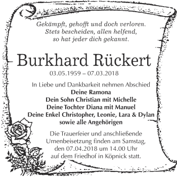 Traueranzeige von Burkhard Rückert von WVG - Wochenspiegel Wittenberg