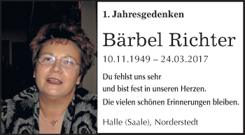 Traueranzeige von Bärbel Richter von Mitteldeutsche Zeitung