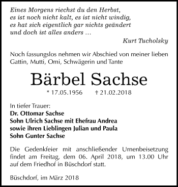 Traueranzeige von Bärbel Sachse von Mitteldeutsche Zeitung