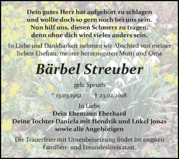 Traueranzeige von Bärbel Streuber von Mitteldeutsche Zeitung Bitterfeld
