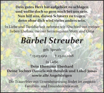 Traueranzeige von Bärbel Streuher von WVG - Wochenspiegel Bitterfeld