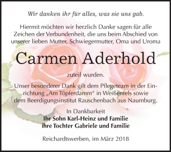 Traueranzeige von Carmen Aderhold von Mitteldeutsche Zeitung Weißenfels