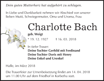 Traueranzeige von Charlotte Bach von Mitteldeutsche Zeitung