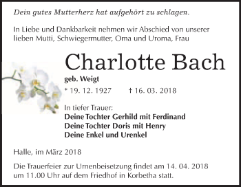 Traueranzeige von Charlotte Bach von WVG - Wochenspiegel Merseburg