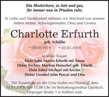 Traueranzeige von Charlotte Erfurth von Mitteldeutsche Zeitung