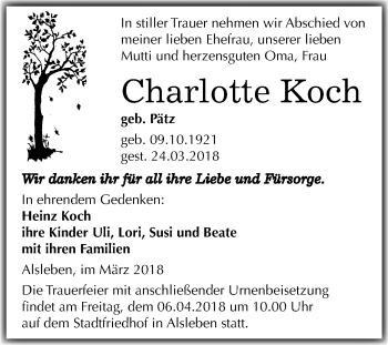 Traueranzeige von Charlotte Koch von Mitteldeutsche Zeitung Halle/Saalkreis