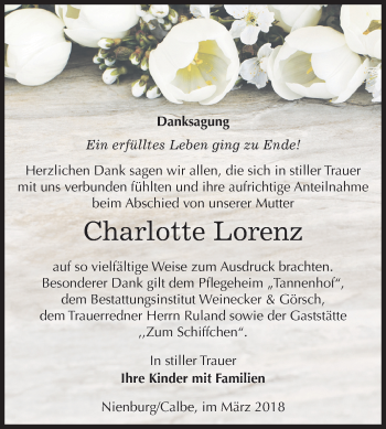 Traueranzeige von Charlotte Lorenz von Mitteldeutsche Zeitung Bernburg
