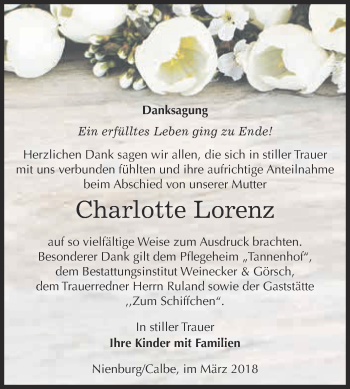Traueranzeige von Charlotte Lorenz von Super Sonntag Bernburg