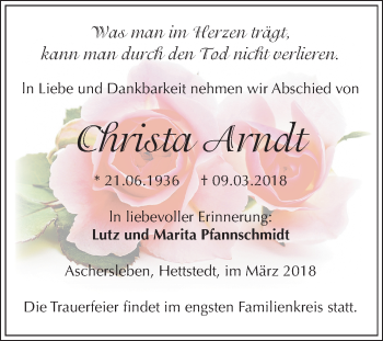 Traueranzeige von Christa Arndt von Mitteldeutsche Zeitung