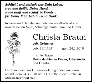 Traueranzeige von Christa Braun von Mitteldeutsche Zeitung Merseburg/Querfurt