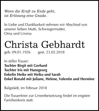 Traueranzeige von Christa Gebhardt von Mitteldeutsche Zeitung