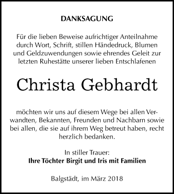 Traueranzeige von Christa Gebhardt von Mitteldeutsche Zeitung