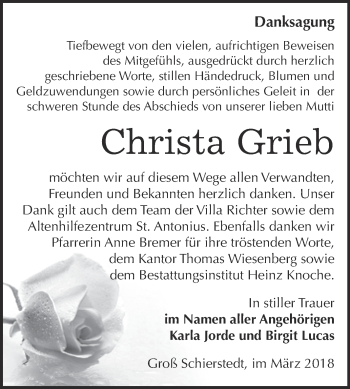 Traueranzeige von Christa Grieb von Super Sonntag Aschersleben