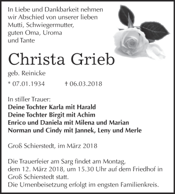 Traueranzeige von Christa Grieb von Super Sonntag Aschersleben